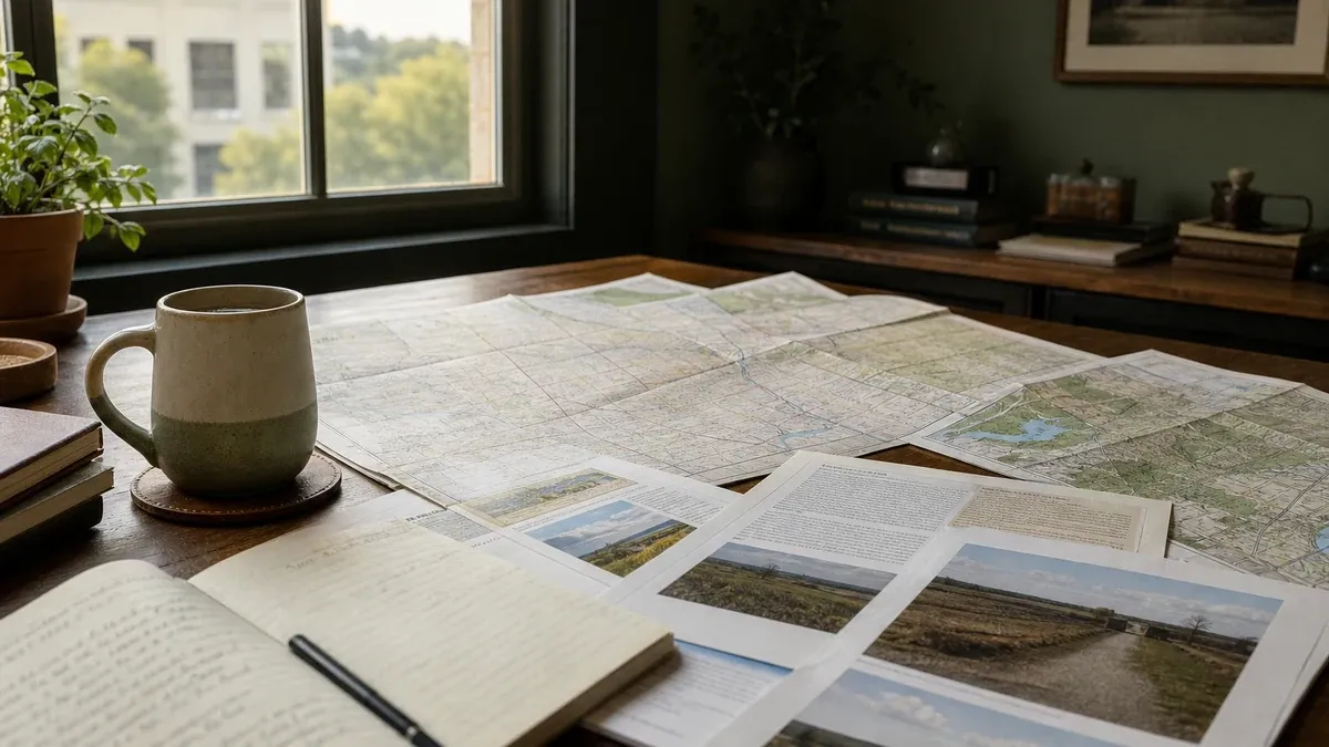 Farm country editorial research scene with rural travel maps